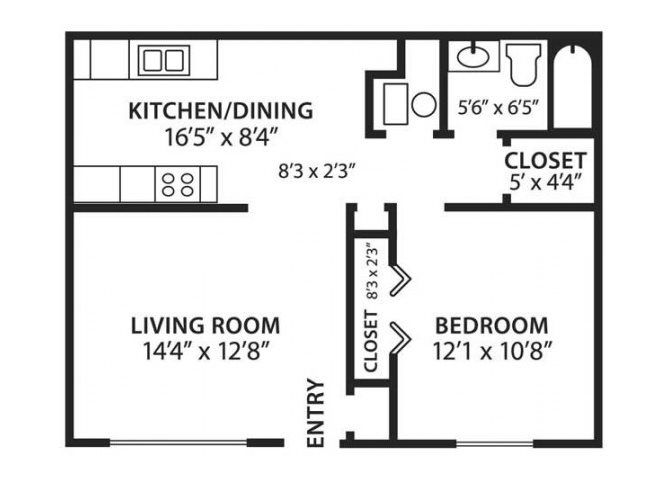 One bedroom one bathroom The Pueblo floor plan at Canyon Point Apartments in Albuquerque, NM.
